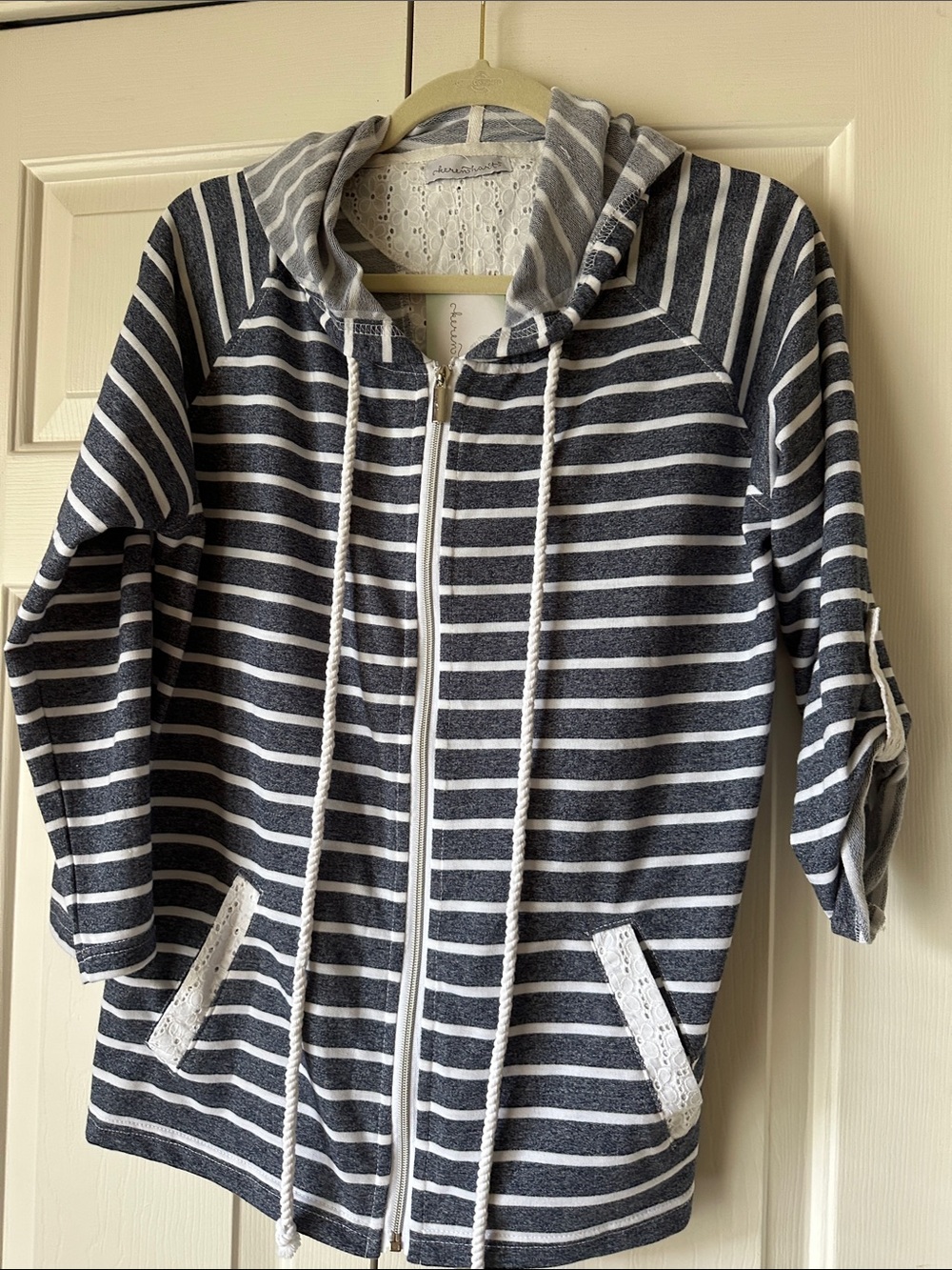 KEREN hart Navy & White Striped Hooded Zip Jacket